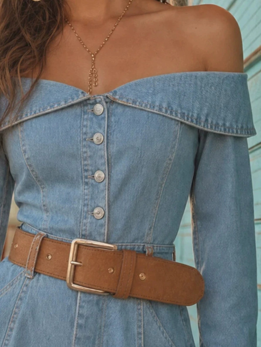 FOREVER 21 Vintage Western Off Shoulder Denim Dress